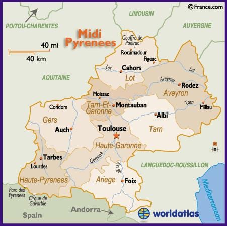 žemėlapis Tulūza ir apylinkes