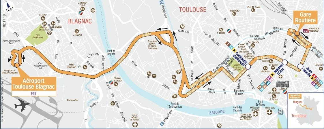 žemėlapis Toulouse airport shuttle maršrutą